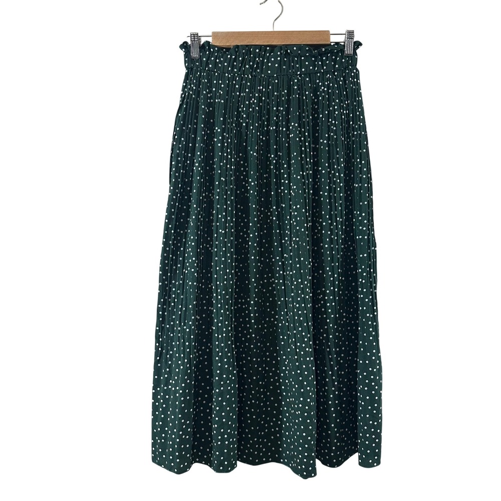 Exlura Womens Forest Green Polka Dot Pleated Midi Skirt Pockets Size M